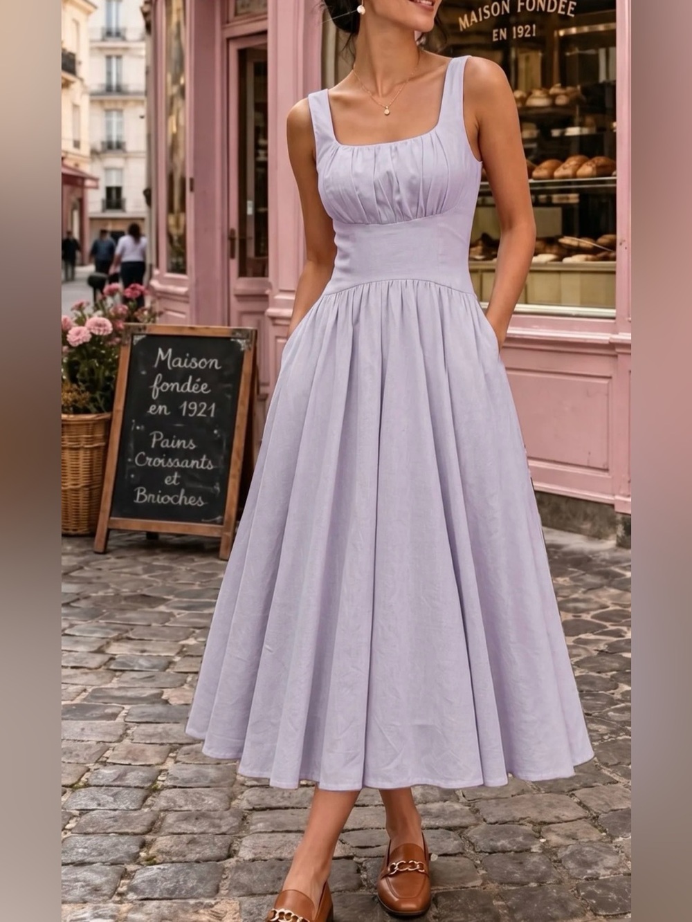 Women's Lilac Square-Neck Gathered Waist Maxi Dress #372
